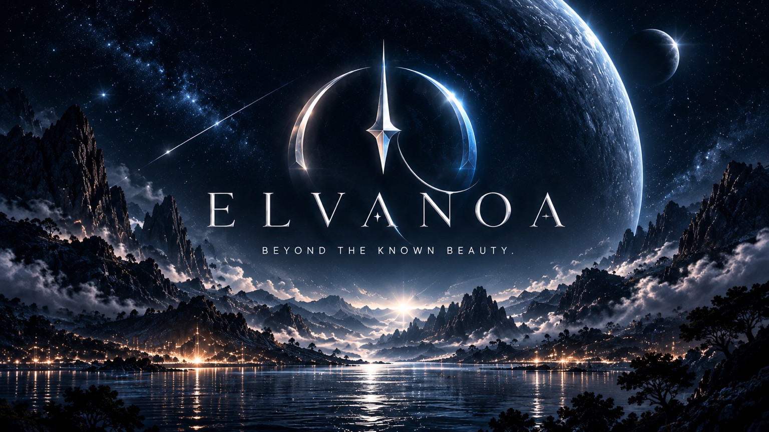 銀色のELVANOAロゴと、青い惑星・山々・湖に広がる幻想的なブランドビジュアル